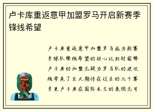 卢卡库重返意甲加盟罗马开启新赛季锋线希望 卢卡库重返意甲加盟罗马开启新赛季锋线希望