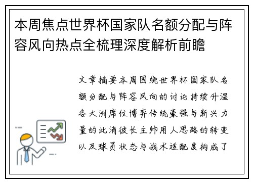 本周焦点世界杯国家队名额分配与阵容风向热点全梳理深度解析前瞻